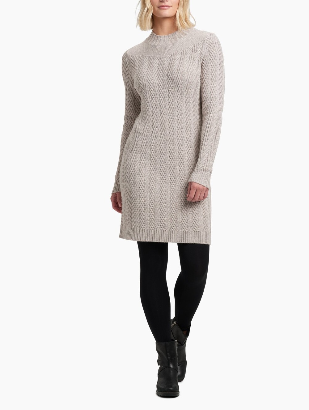 NWT Kuhl Gia Chevron Knit Mock Neck Wool Blend Sweater Dress - Taupe-Size-M